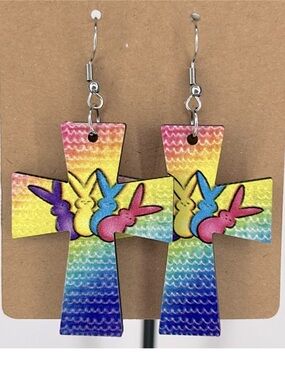 Light Weight Wooden Easter Cross With Peeps Dangle Earrings Fashion Jewelry